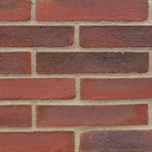 A display panel of roman length brick slips. The bricks are longer than normal bricks, laid in a third stagger bond and pointed with a sand and cement pointing mortar. The bricks have a sand finish and are a blend of red and brown tones.