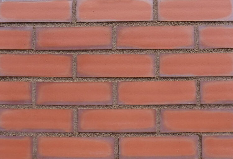 A panel of brick slips bonded to a display board. The bricks are a mid red with blue patching around the outside. They are pointed in a sandstone mortar which is a mid to dark brown.